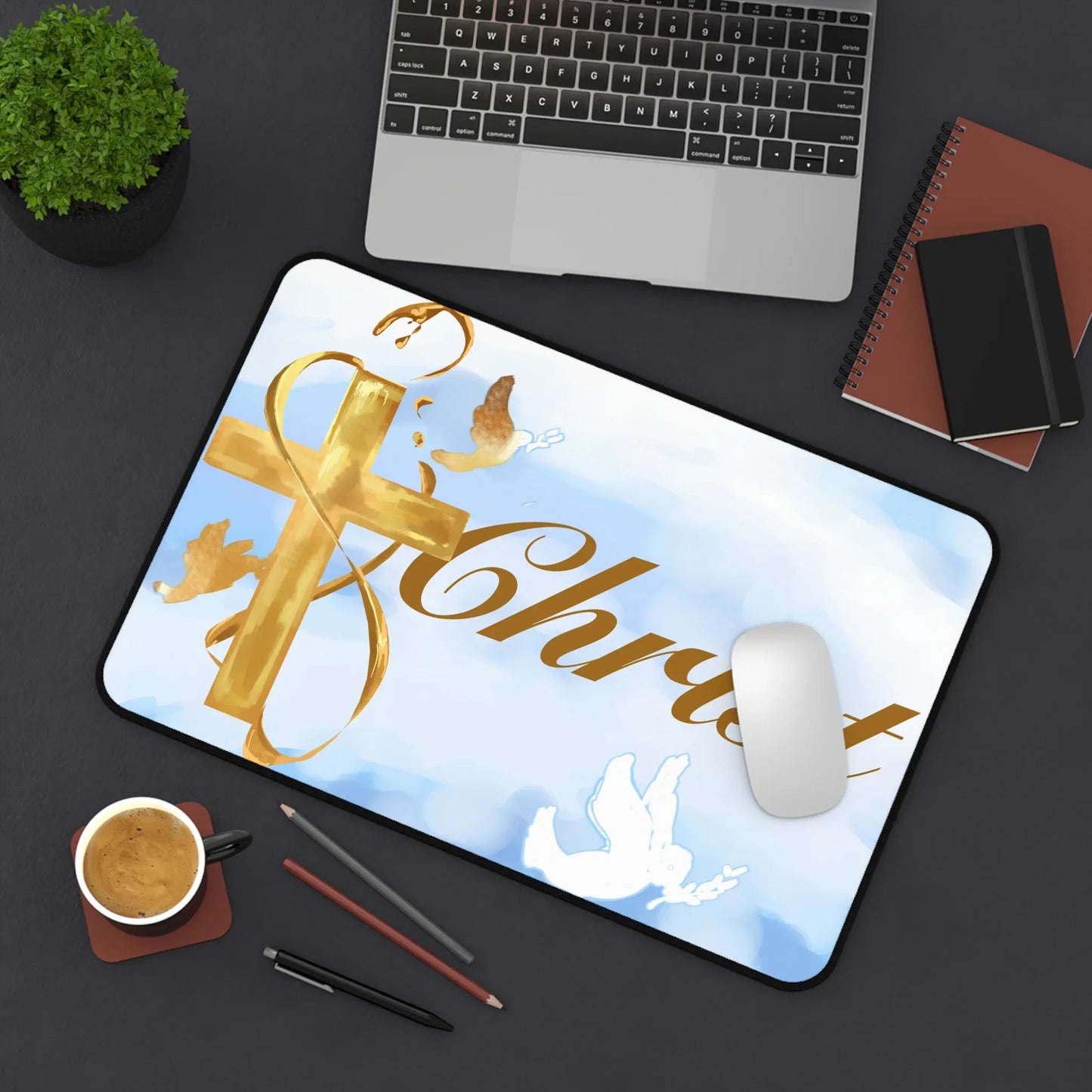 Christian inspired Desk Mat — Mouse Pad for Productivity & Daily Reminders — Cloud Background Edition - Sheep Of Jesus